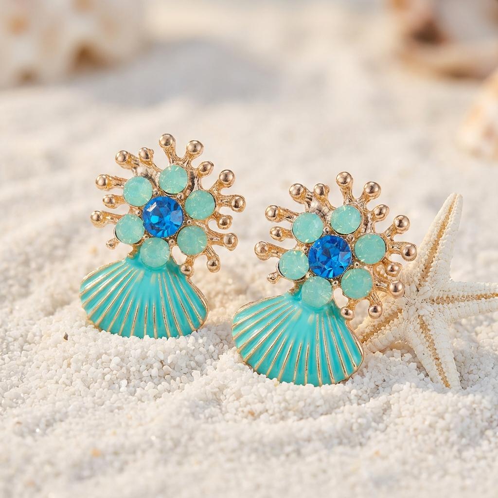 Vintage Design Sense Metal Zircon Shell Drop Earrings for Women Elegant Blue Rhinestone Scallop Earring Fashion Jewelry Gift