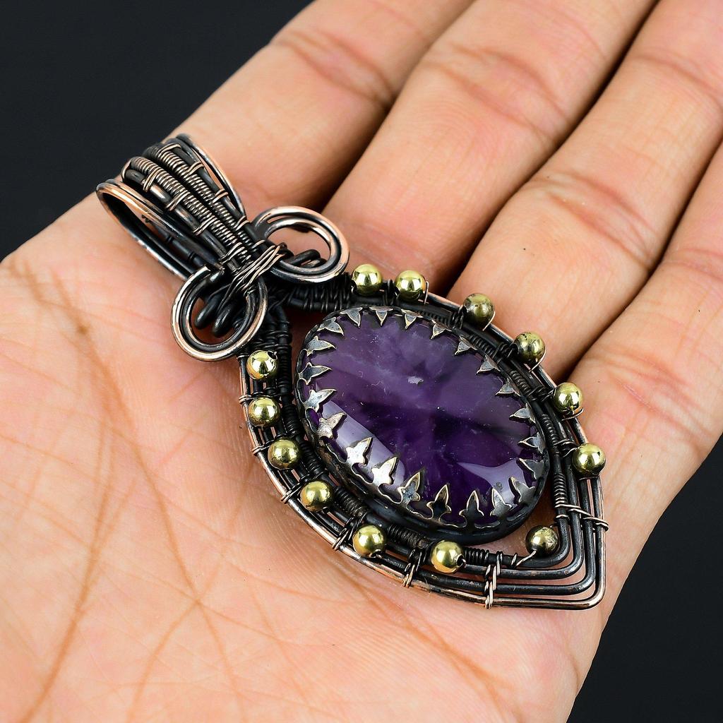 Bijuterii unice de ametist cu sârmă de cupru pur cu pandantiv lucrate manual