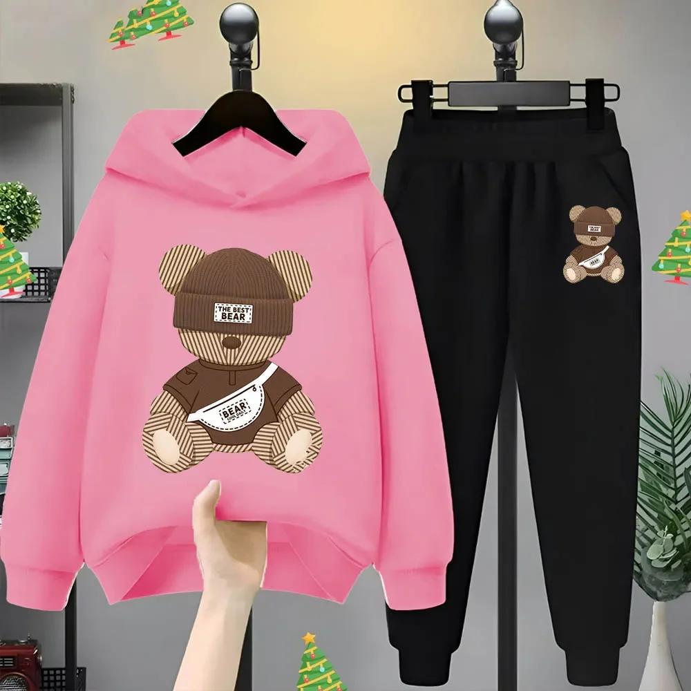 Cartoon Bear Print Children Hooded Sweatshirt+Pants Two-piece Set Boy Girl Autumn Winter Daily Outdoor Casual Warm Sportswear