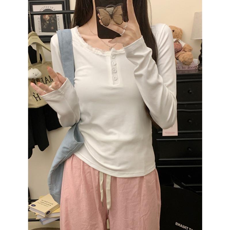 

Real shot polished thickened long-sleeved T-shirt women s new slim-fit lace lace bottoming shirt XL белый