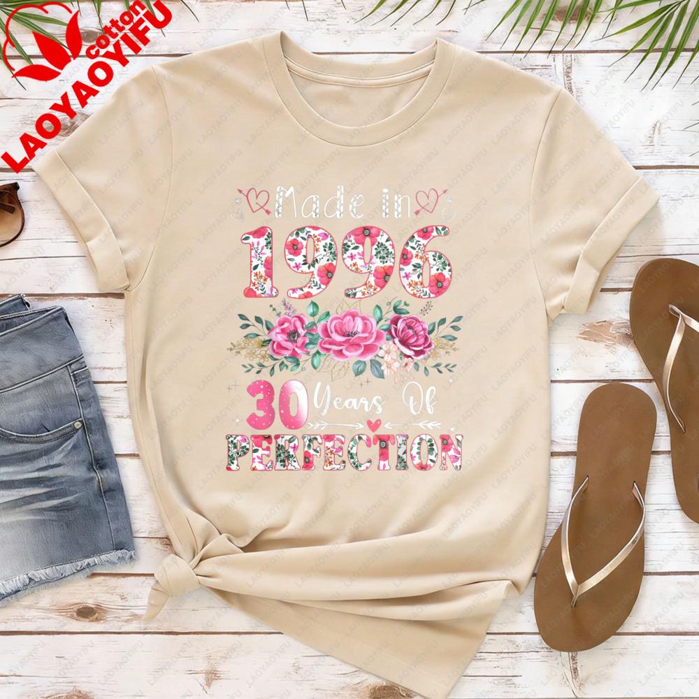 Made in 1996 T Shirt Women 30 Years of Perfection Floral Graphic Tee 30th Birthday Gift Cotton Short Sleeve O Neck Tops