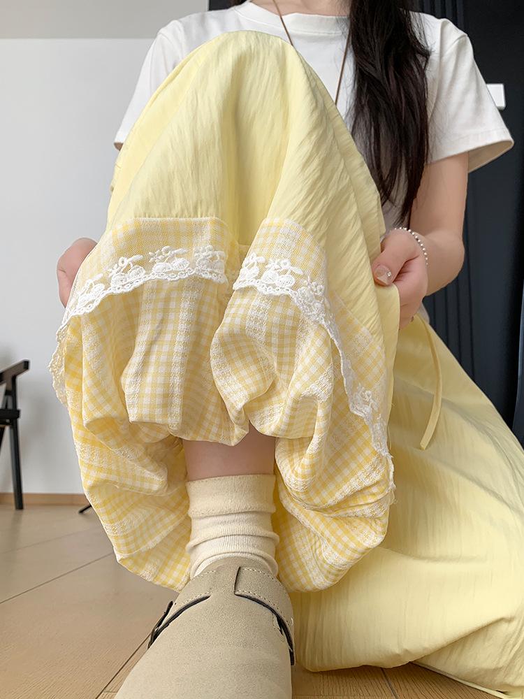 Lace Patchwork Lantern Pants - Spring/Summer Academy Style, Ice Silk, Wide-Leg Skirt Pants, Slimming Bud-Shaped Design.