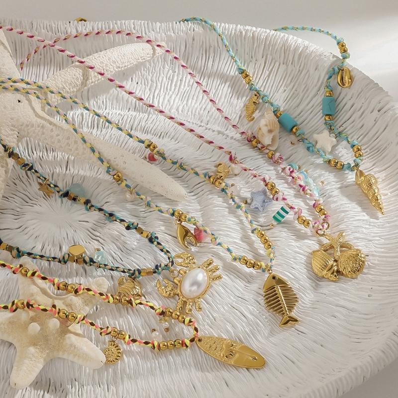 Minimalist Seashells Neckchain Adjustable Length Colorful Rope Stainless Steel Pendant Necklace Casual Wear Jewelry