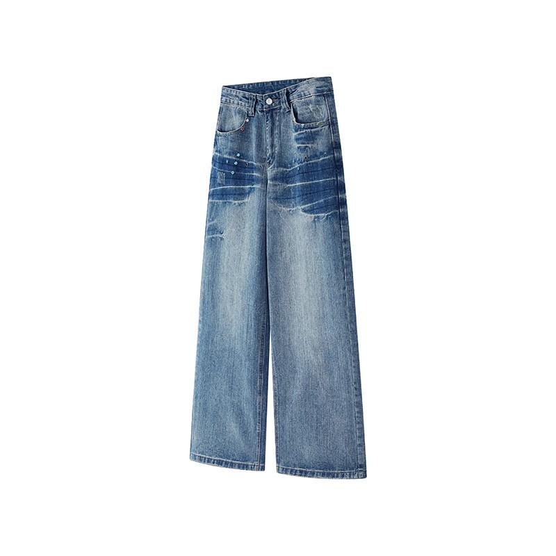 Unisex Distressed Washed Denim Jeans Straight Fit Mid-Rise Casual Streetwear Youth