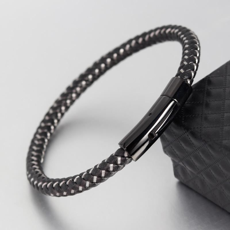 

Mens Bracelets Genuine Leather Bracelets With Stainless Steel Wire Cable C Clasps Cuff Bangles For Male Female Bracelets 21cm