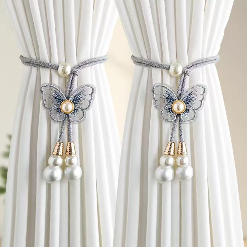 2PCS Curtain Holder Butterfly Curtain Tiebacks Artificial Pearl Curtains Tie Rope  Kitchen серый