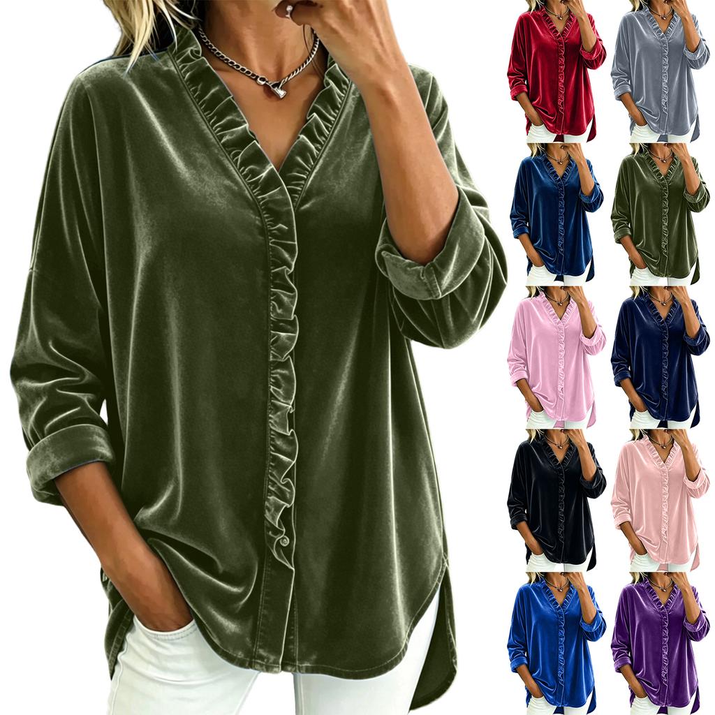 Women's Loose Fit V-Neck Blouse with Button Front and Ruffled Hem Long Sleeve Color Top for Casual Everyday Wear
