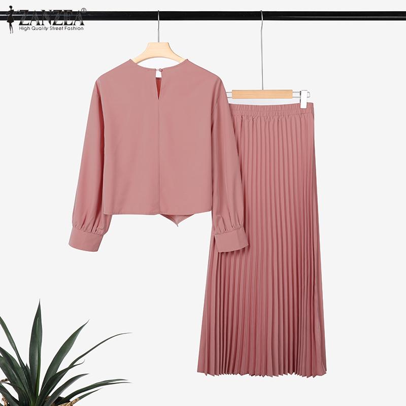 ZANZEA Women Long Sleeve Blouse and Long Pleated Skirts Casual Two Piece Suit Sets