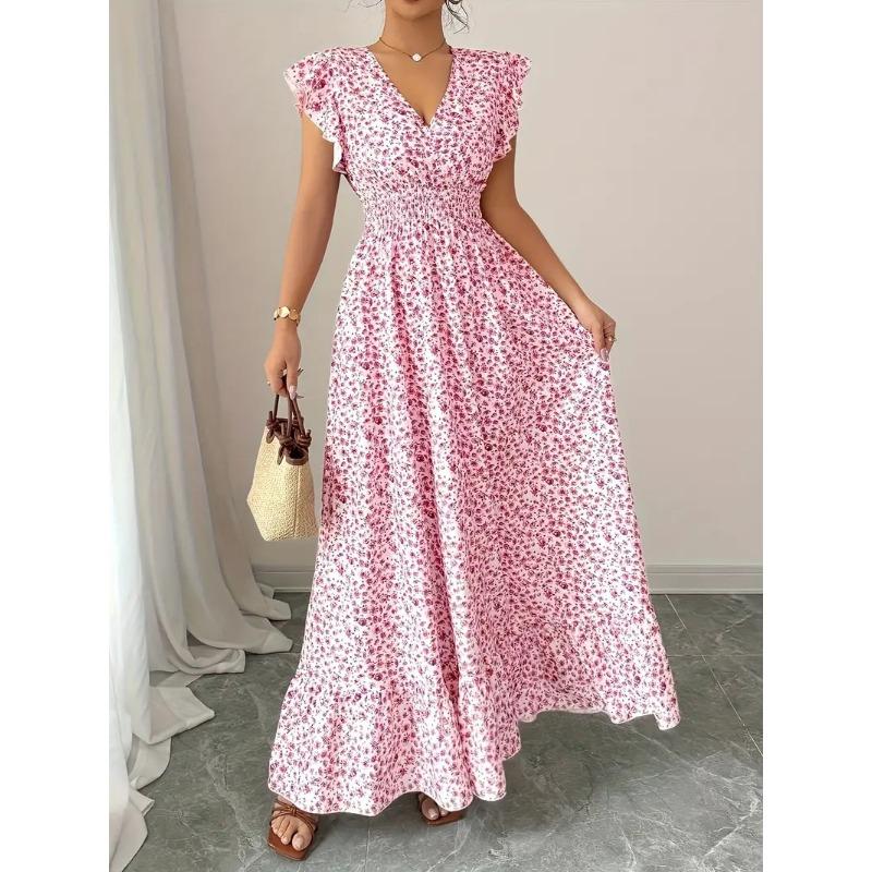 Summer Floral Printed Long Dress with Ruffled Short Sleeved V-neck Fashion Big Swing A-line Holiday Party Dress Elastic Waist Loose Casual Clothing