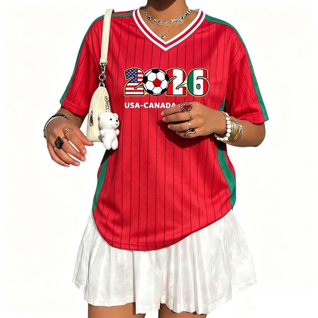 Women's V-Neck Short Sleeve Soccer Top | Mexico Fashion Top for Soccer Games, Casual Wear, Outdoor Sports