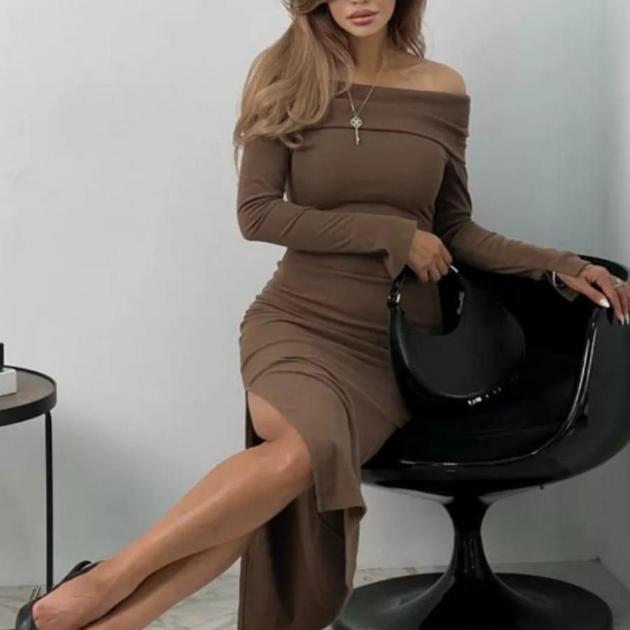 

Женское платье весна-лето с длинными рукавами и открытыми плечевыми разрезами, закрывающими бедра, из чистого хлопка, трикотажные вечерние платья средней длины XL