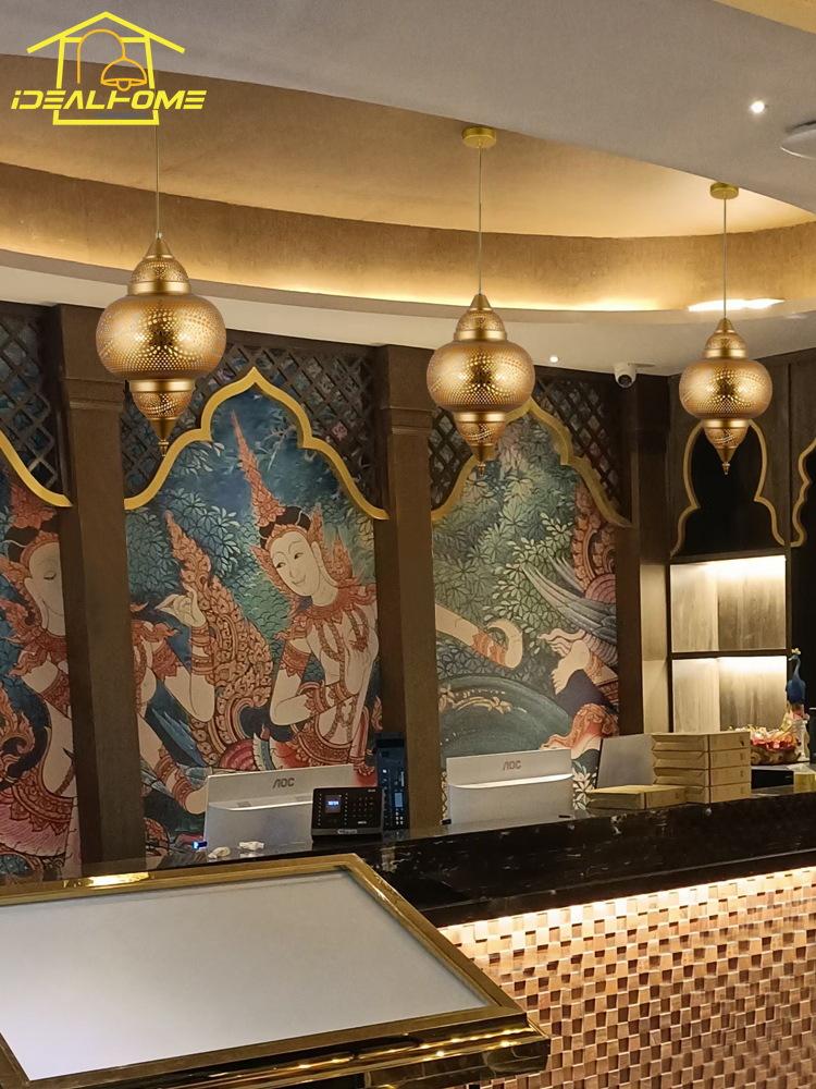 Saudi Arabia Design Luxury Gold Lustre Pendant Lights LED E27 Hollow Carving Southeast Asia Hanging Lamp Restaurant Store Cafe
