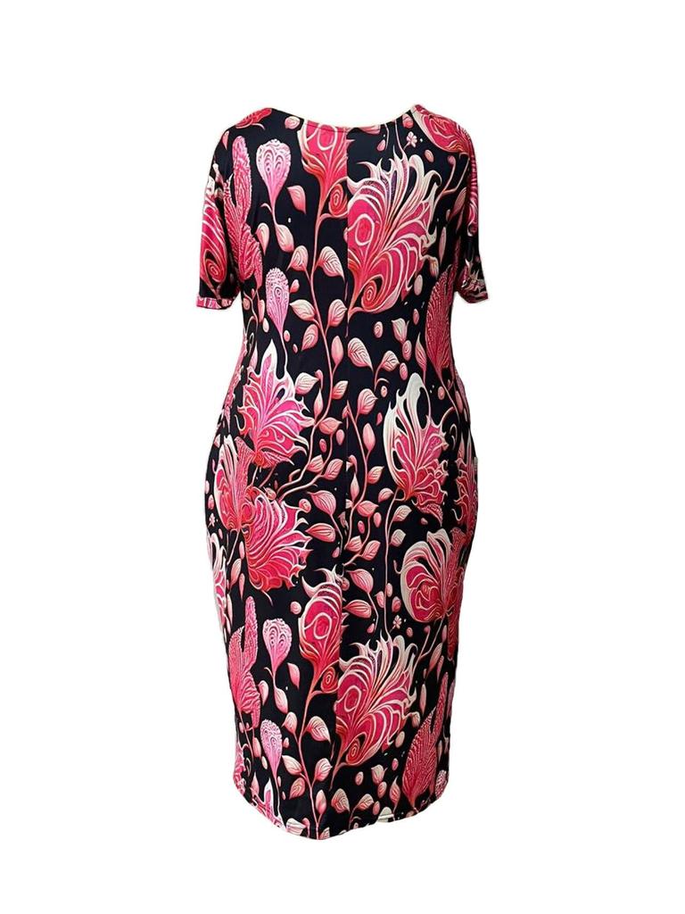 2026 Spring/Summer Women's Elegant Plus Size Printed Short Sleeve Dress - European & American Style