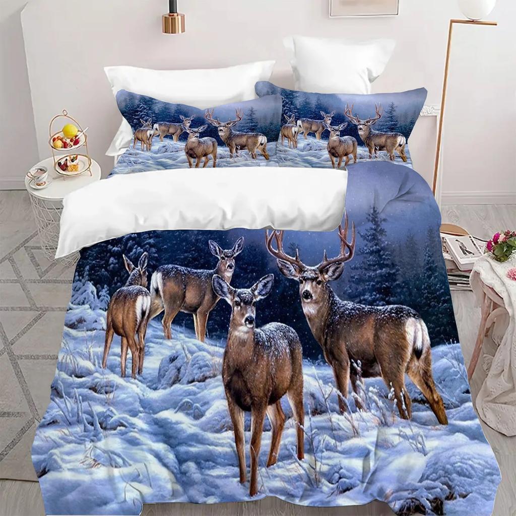 Hirsche 3D Cartoon Gedrucktes Bettwäsche Leinen Set Elegant Luxus Heimtextilien Bettbezug Set Weich Bequem Steppdecke Bezug Kissenbezüge