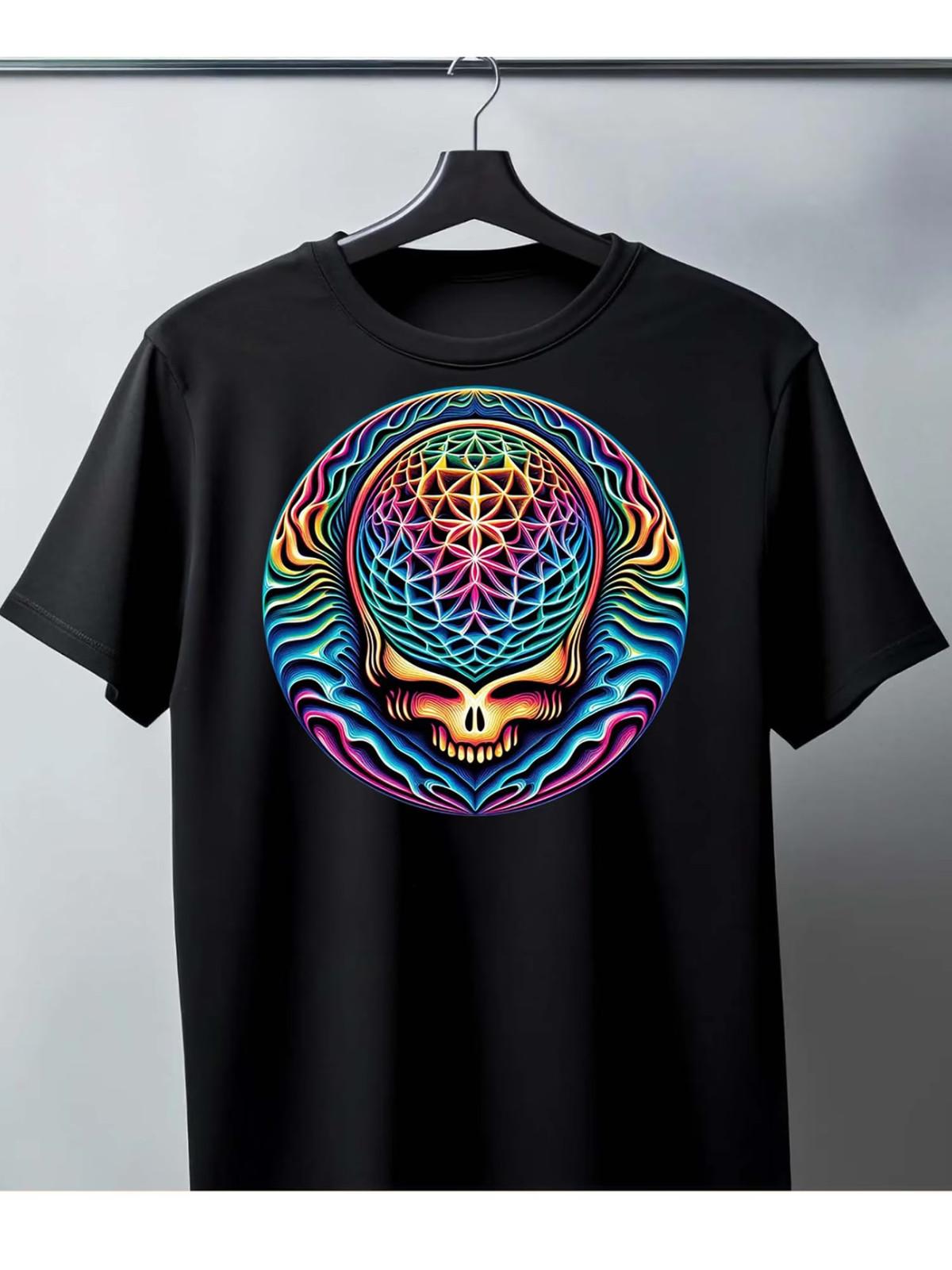 Men s T-shirt, Pure Cotton, Black, Flower Skull Psychedelic Art Prin S