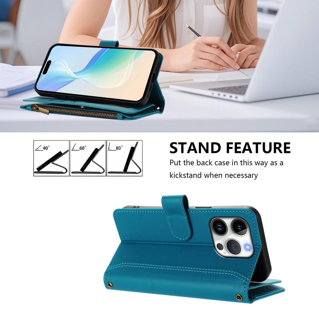 For iPhone 16 Pro Leather Case 9 Card Slots Zipper Wallet Stand Phone Cover with Wrist Strap