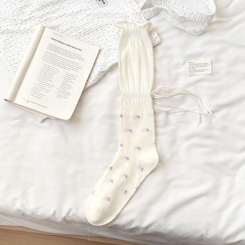 Spring and Summer Thin Ballet Style Women Socks JK Floral Ribbon Women Calf Socks Super Fairy Mesh Breathable Cotton Pile Socks