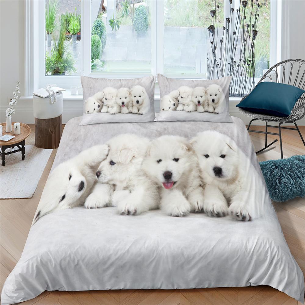 3D Dog King Quen Ful Twin Soft Duvet Cover Funy Pupy Beding Set Tens Adult People Kawai Pet Animal White 2/3pcs Comfortable Quilt Cover