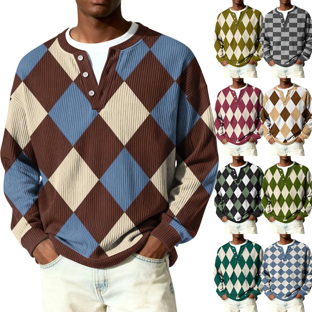 Męski sweter z dzianiny prążkowanej z długim rękawem, z kołnierzykiem zapinanym na guziki