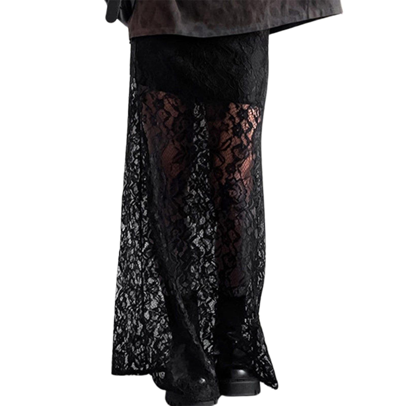 

Женские кружевные длинные юбки Элегантные однотонные прозрачные юбки миди с низкой талией Юбки облегающего кроя M чёрный