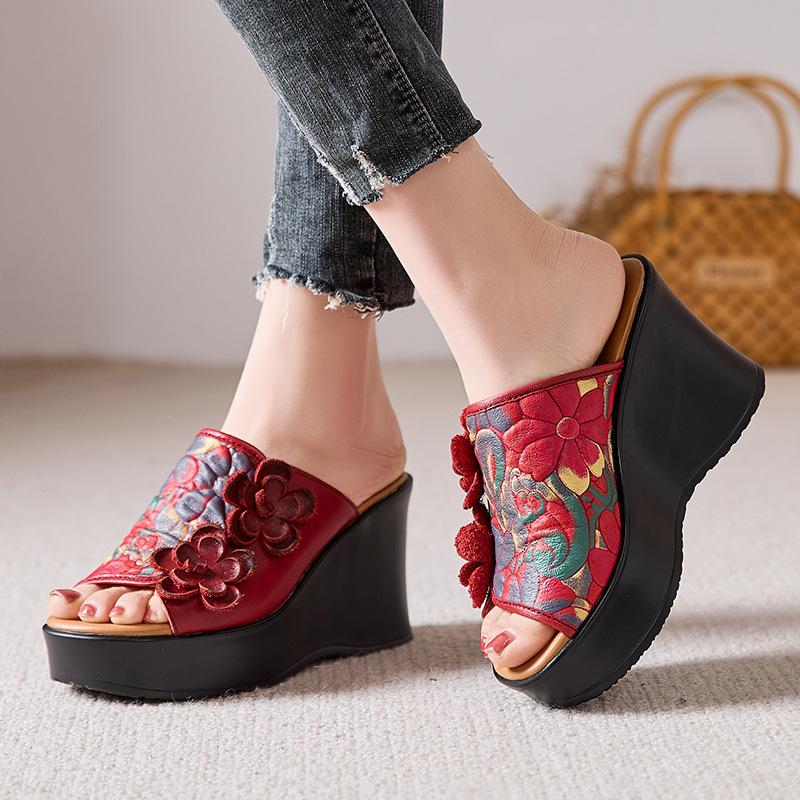 

Модные женские туфли-лодочки с открытым носком, из натуральной кожи пигскин, 7 см, Мэри Джейн, шлепанцы, летние сандалии на танкетке и платформе, модная обувь 35 красный