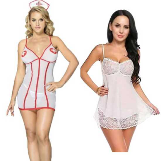 Ladysta Women's White-Red Nurse Dress Role Play Costume & Women's Net and Lace Solid Black Babydoll Nightwear Freesize( S M L)