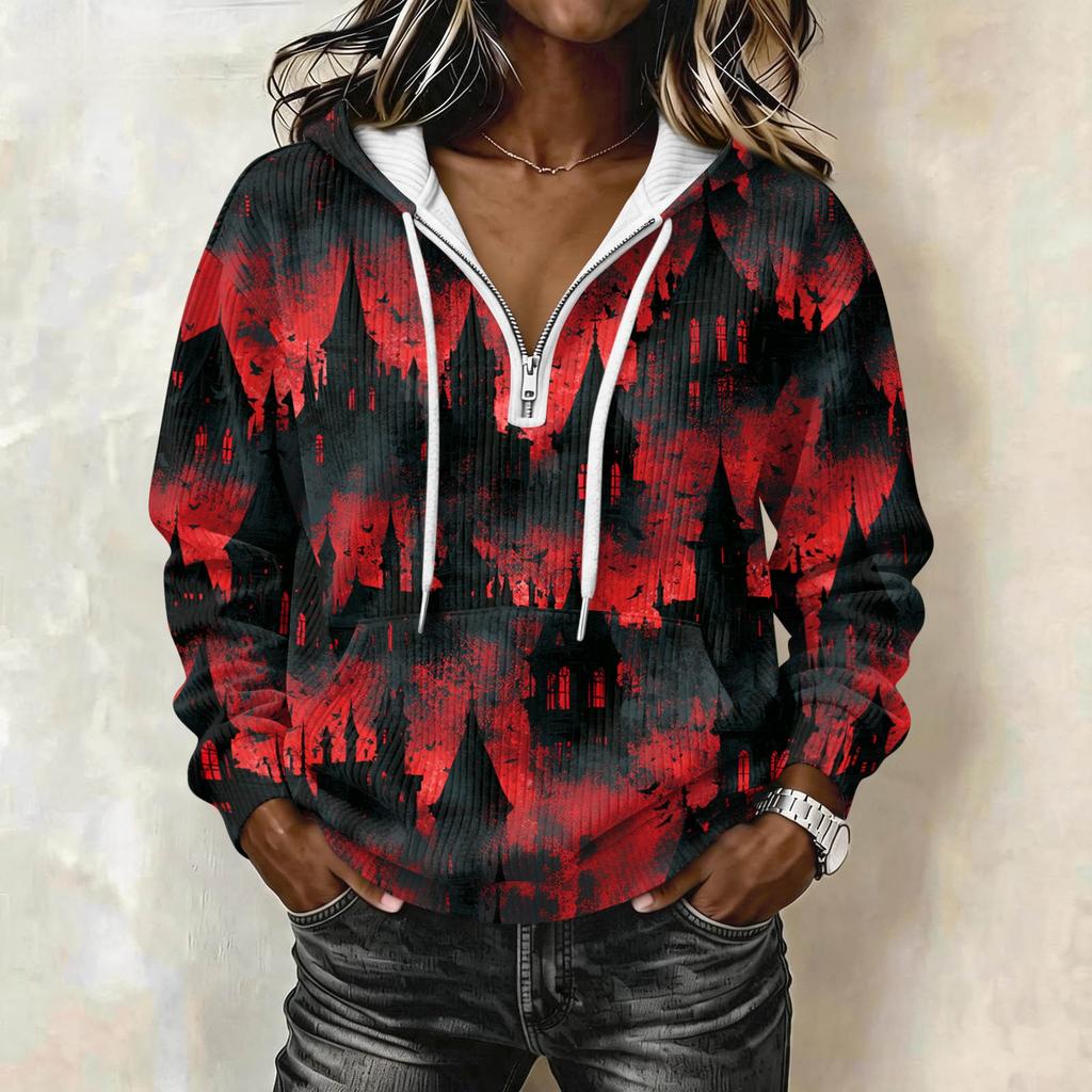 Women's Halloween Printed Long Sleeve Hoodie Drawstring Pullover Sweatshirt