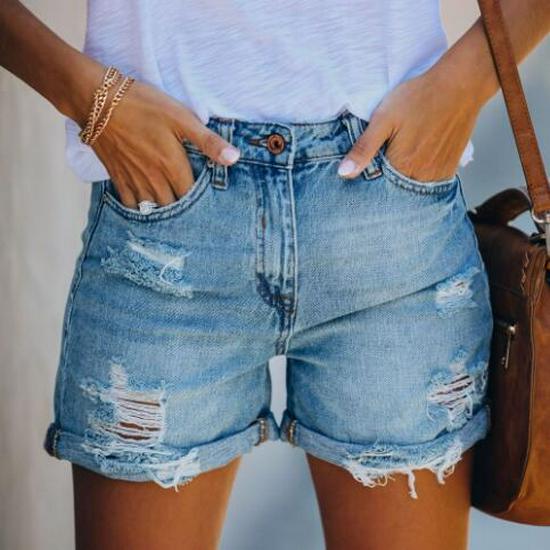 High-Waisted Ripped Washed Denim Shorts - Women's Summer Hot Pants