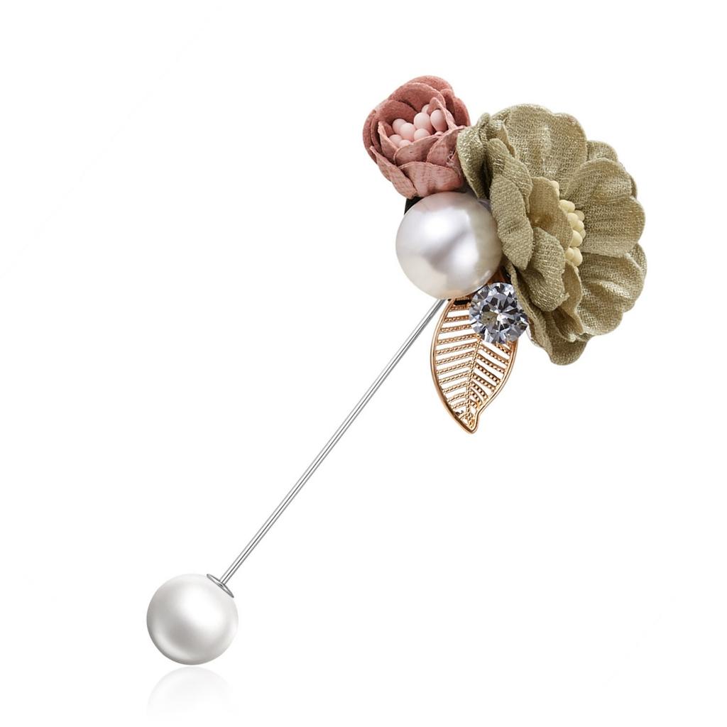 Cloth Art Fabric Double Blooming Flower Brooch For Women Men Dainty Imitation Pearl Leaf Floral Long Needle Pins Wedding Jewelry