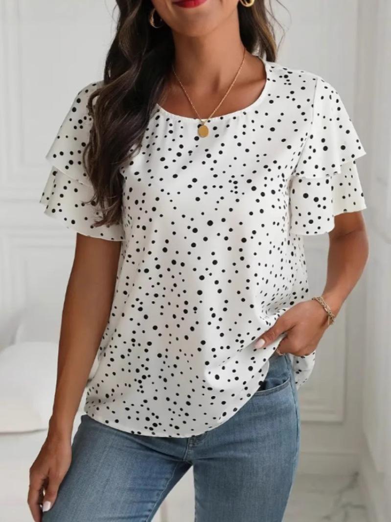 Women Short Sleeve Blouse Polka Dot Print V Neck Ruffle Sleeve Lightweight Casual Top for Summer XXXXL белый