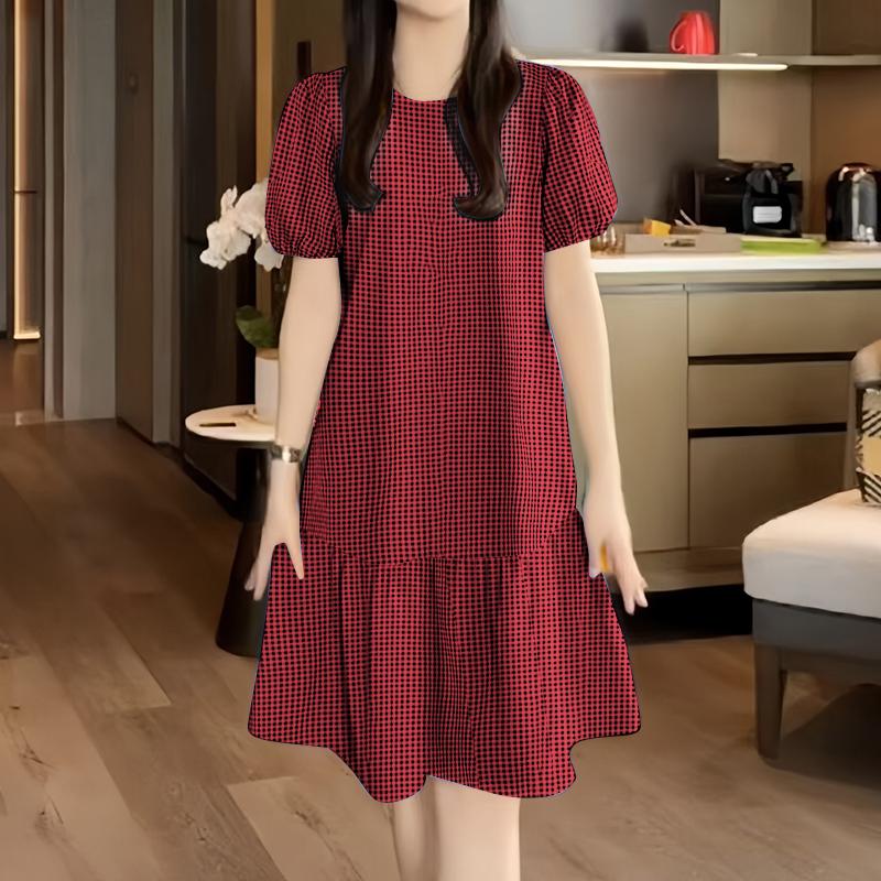ZANZEA Women Casual Round Neck Grid Print Summer Short Sleeve Dress