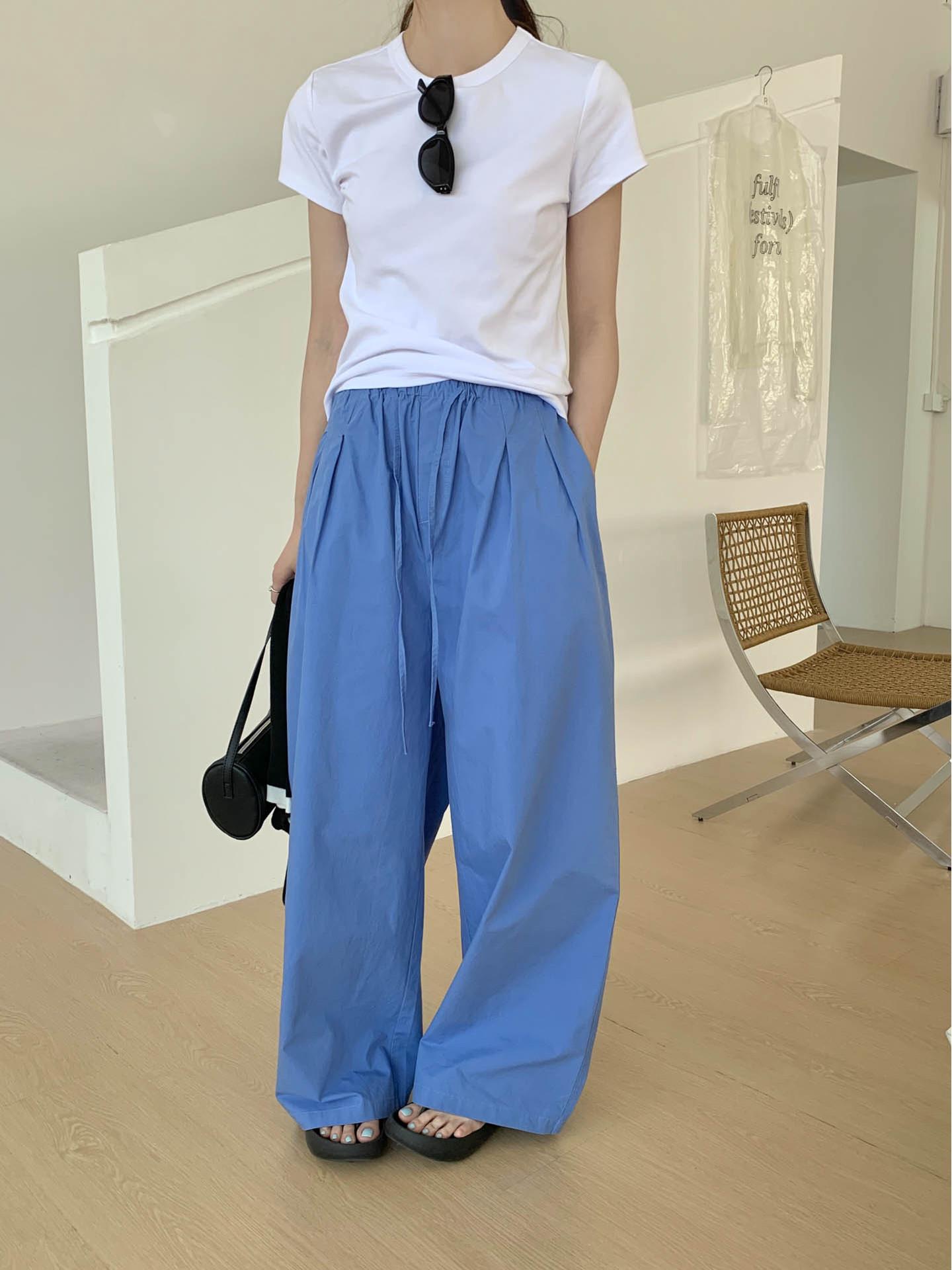 

Women s 100% Cotton Washed Drawstring Elastic Waist Casual Wide-Leg Pants - Spring Korean Style Medium синий