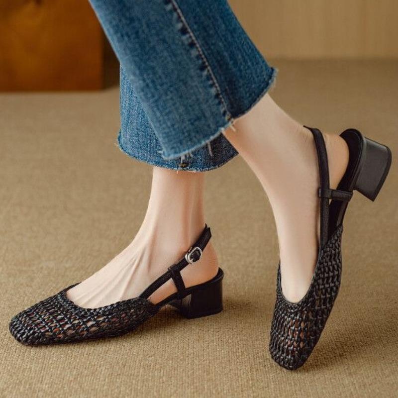Fashion Summer Women's Mesh Shoes Fashion Baotou Sandal Breathable Hollow Out Sandals French Thick Heel Single Shoes for Women Sandalias