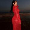 2025 Spring Mesh Lace High Neck Long Sleeve Women's Slim Fit Evening Gown