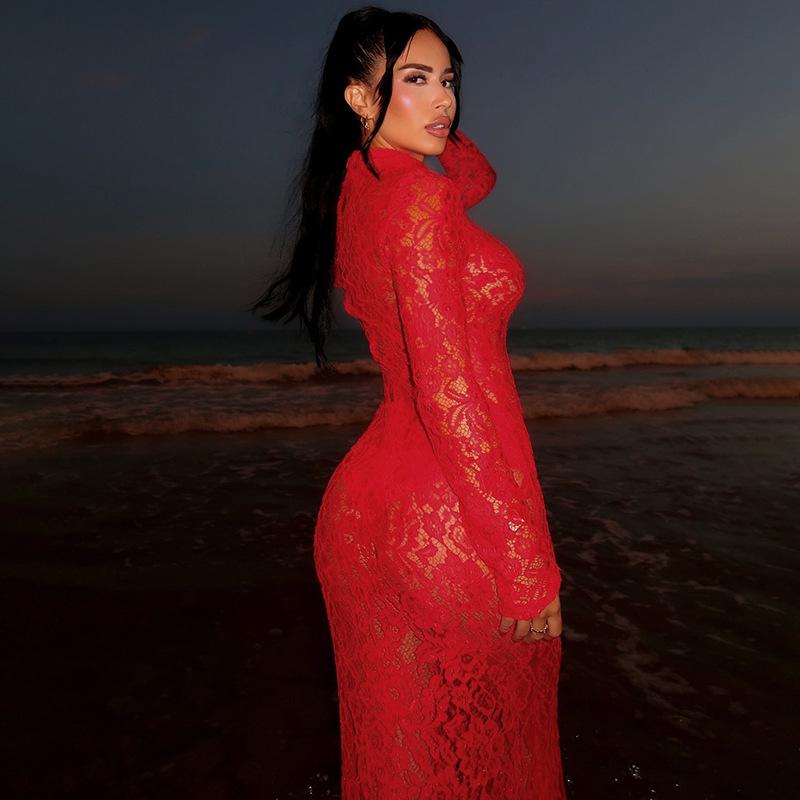 2025 Spring Mesh Lace High Neck Long Sleeve Women's Slim Fit Evening Gown