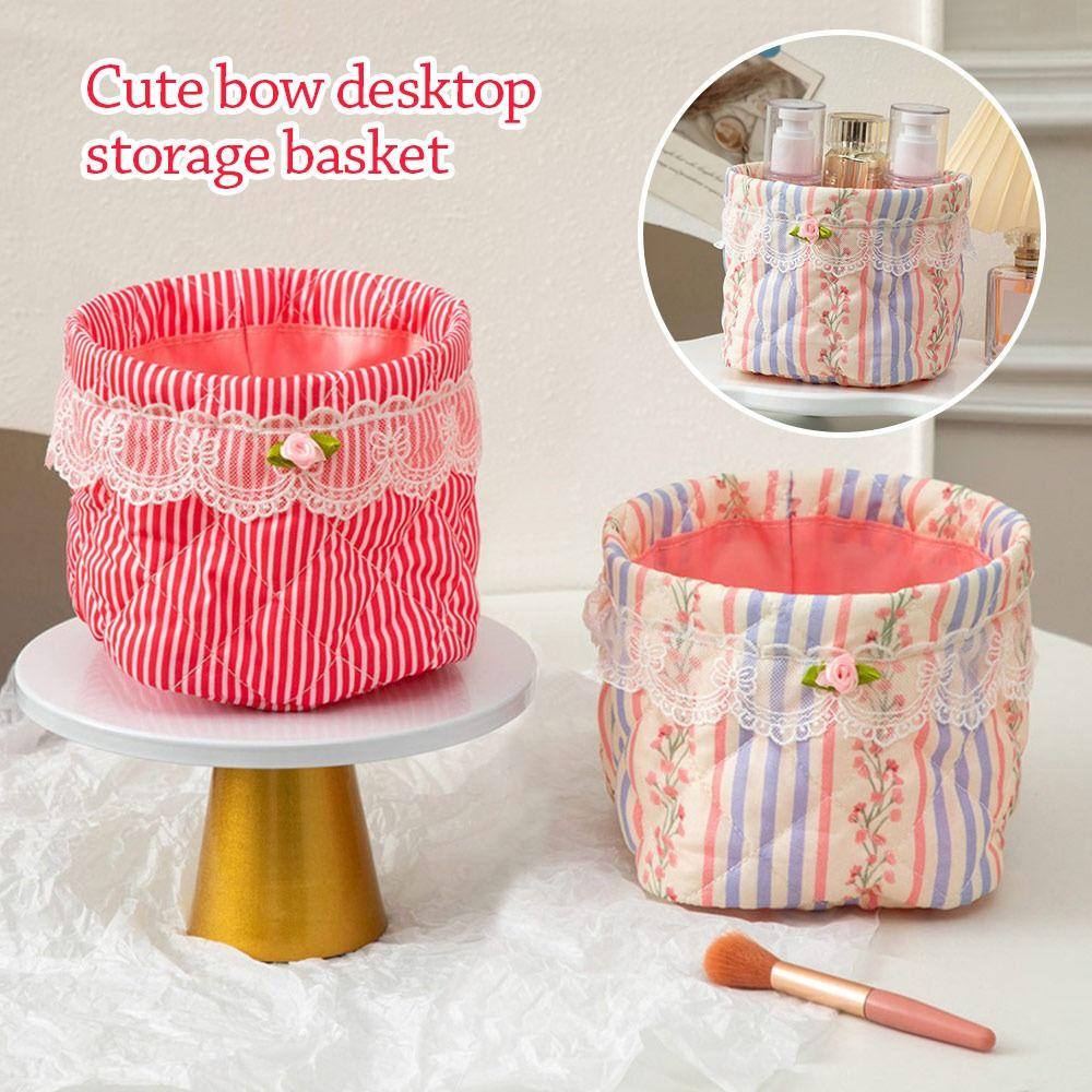Soft Touch Quilting Cotton Desktop Storage Basket Lace Bowknot Decor Large-capacity Round Organizer Storage Container Home