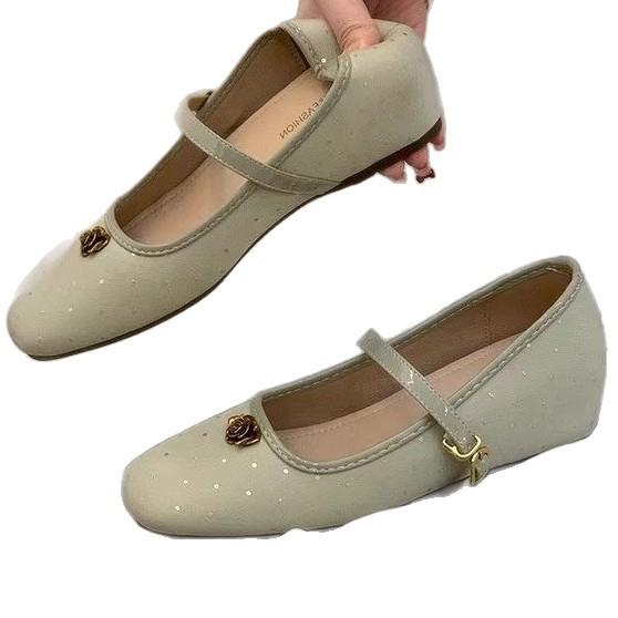 Retro Camellia Inner Height Increase Square Head Mary Jane Single Shoes One-word Buckle Belt Thick Heel with Skirt Small Leather Shoes Women