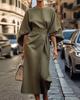 Damen 2026 Elegantes einfarbiges Taillengürtel Fledermausärmel Langes Kleid für Freizeit und formelle Anlässe