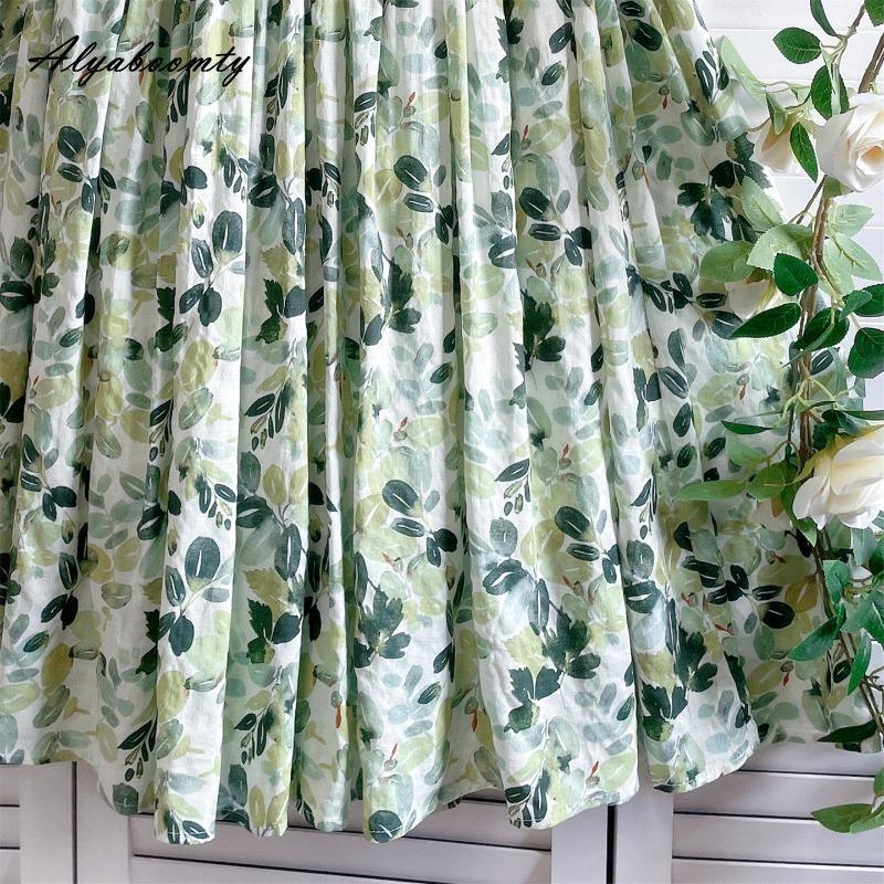 Prairie Chic Spring Summer Women Midi Skirt High Waist Green Floral Print Fresh Skirt Cotton Vintage Ladies' A-Line Skirt