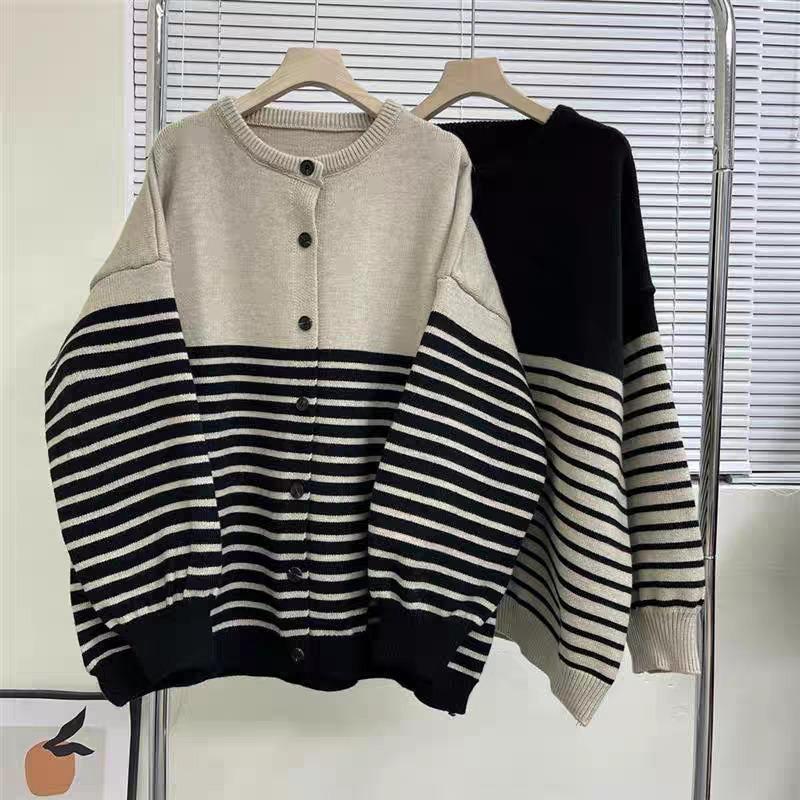 Spring New Loose Casual Basic Knitted Cardigan Women's Simple Versatile Striped Sweater Jacket