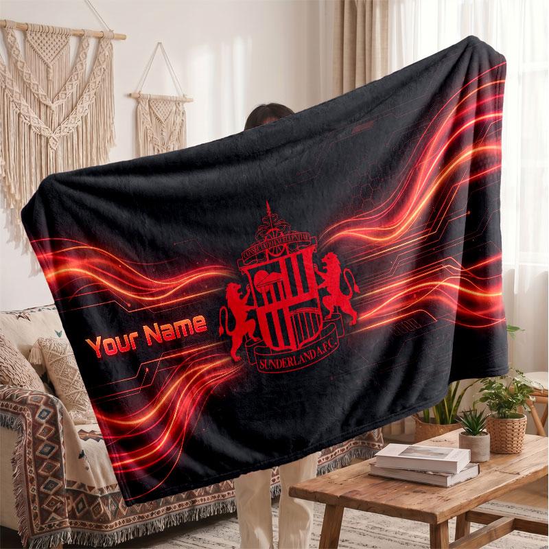 Coperta in Pile Personalizzata Sunderland FC con Logo Calcio, Testo Nome Personalizzato Morbida Calda Coperta da Divano per la Casa