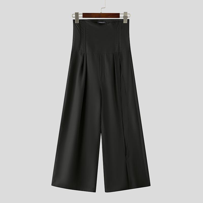 INCERUN Men High Slim Waist Zipper Casual Long Splits Wide Legs Pants Trousers
