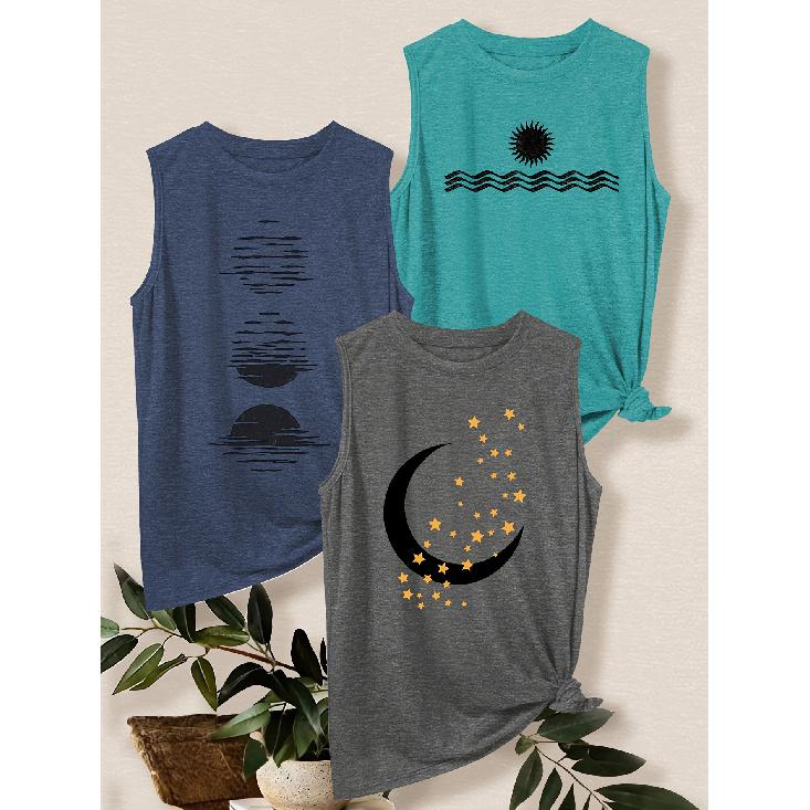 3Set of Tank Tops Sun, Moon, Stars, and Waves Print Loose Casual Vest T Shirt Retro-style Breathable, Comfortable, and Soft Fabric Spring and Summer