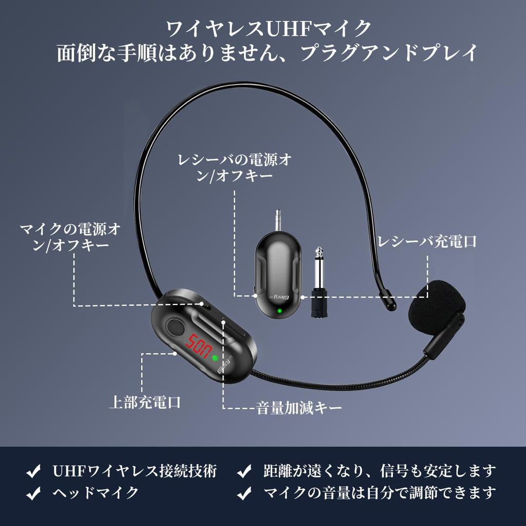 Giecy Wireless Microphone, Portable Stage Speaker, 50m Transmission Range, Auto Pairing, Volume Adjustment, Ear-Hook Type, Japanese Instruction
