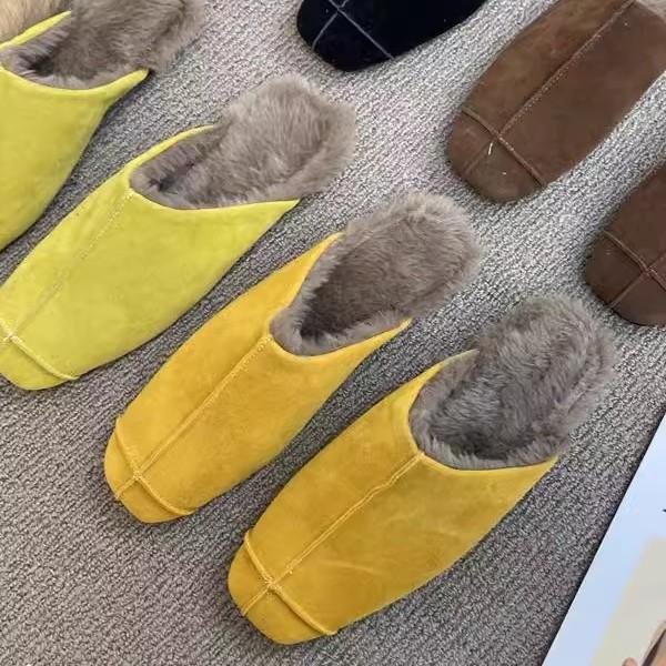 Premium Hairy Square Head Deep Mouth Suede Lazy Muller Shoes Plush Warm Flat Bottom Baotou Half Slippers Women's Outer Wear