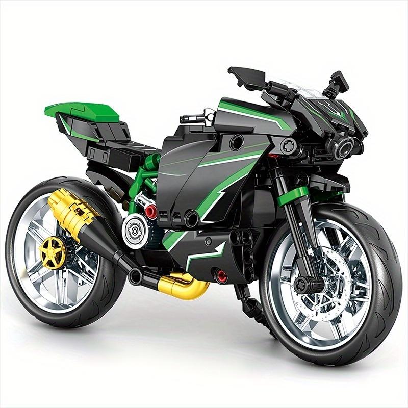 Black Green Racing Motorcycle Building Blocks Ornament, Technical Sport Motorbike Model Desktop Hobby Gift for Collectors