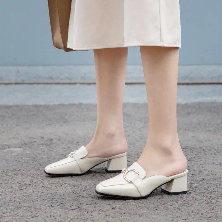 Baotou Half Slippers Women's Summer Wear 2025 Summer New Fashion Versatile Half Tray Thick Heel Single Shoes Internet Celebrity Lazy Shoes