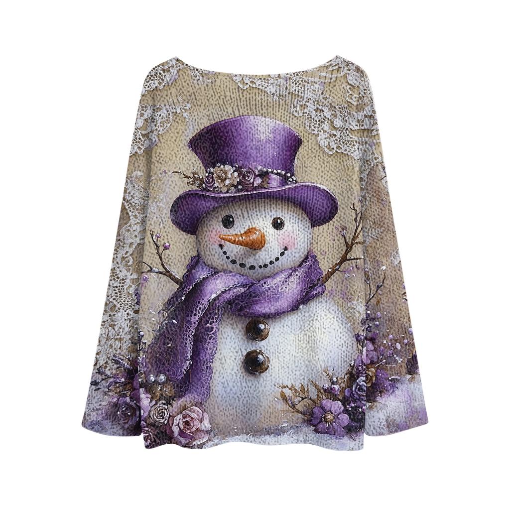 Women's Fashion Christmas Print Lightweight Sweater Casual Long-Sleeve Knit Pullover Top