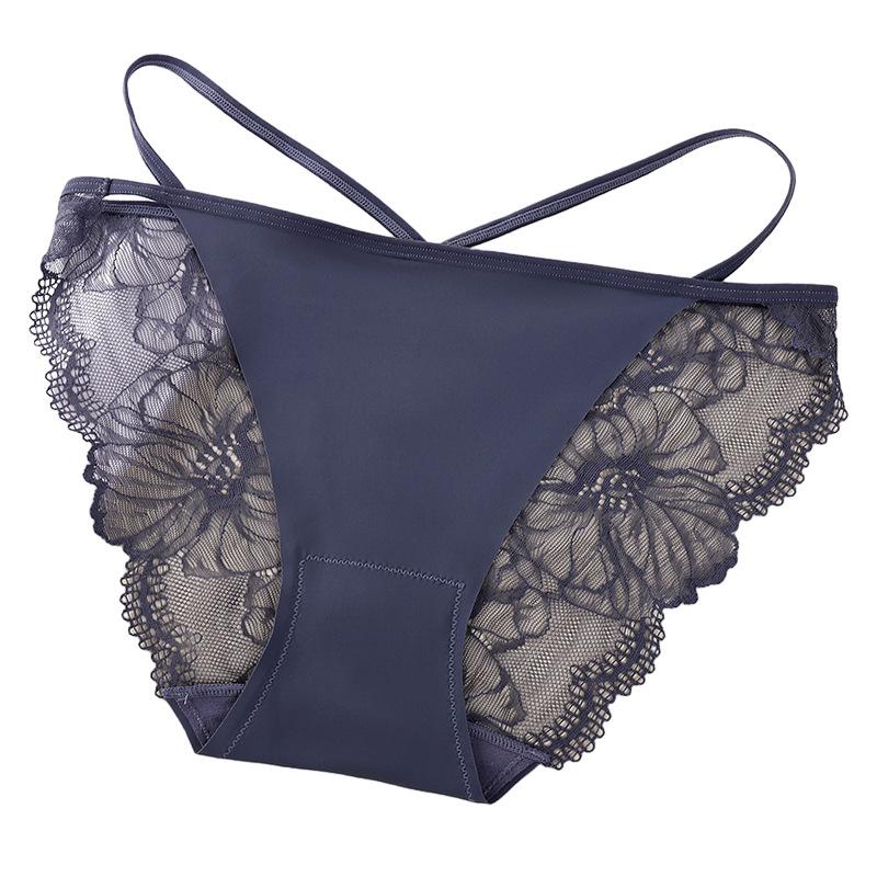 3PCS Women s Low Waist Ice Silk Thong Panties Sexy Lace Strappy Breathable Quick Dry Seamless Triangle Underwear S синий