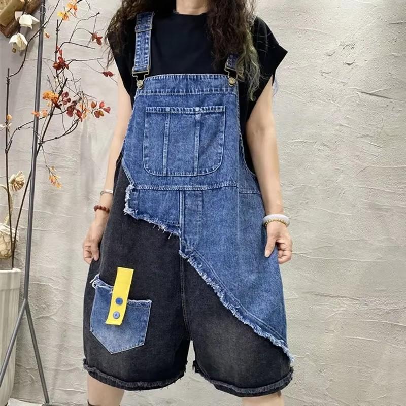 

Denim Jumpsuits For Women Patchwork Vintage Casual Playsuits Loose Wide Leg Shorts Workwear One Piece Outfits Womens Clothing XS синій